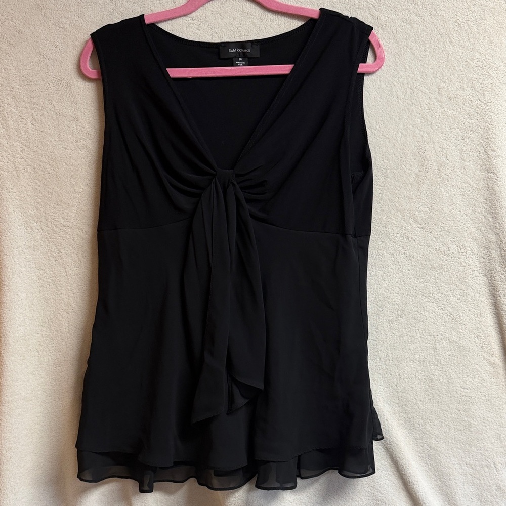 R&M Richards Black V-Neck Sleeveless Knot-Front Camisole with Layered Hem